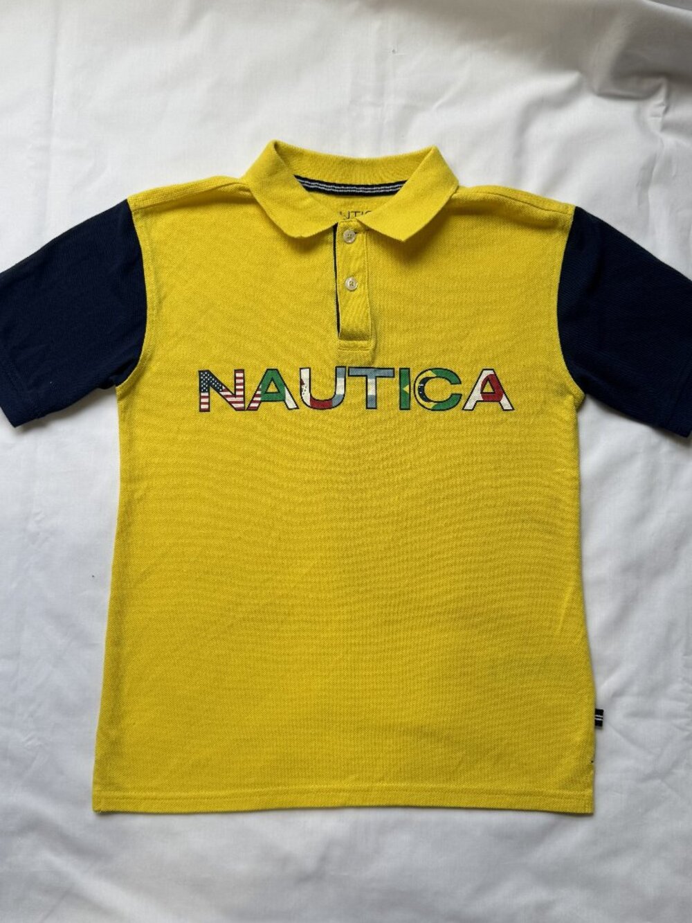 Nautica Boys Youth M 10/12 Yellow Navy Colorblock Spellout Polo Shirt